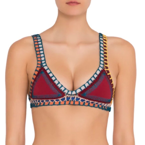 KIINY SOLEY TOP. Burgundy red with multi-color, crochet & elastic trim. Size Med